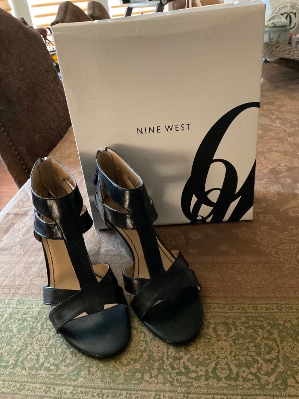 Black Leather upper Ankle Strap Nine West Wedge Sandals 7 1/2 New in Box
